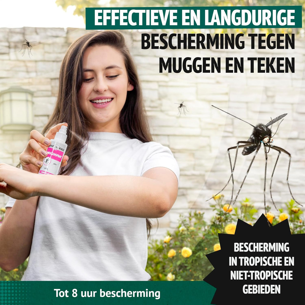 Vrouw spuit muggenspray op haar arm met een mug in beeld