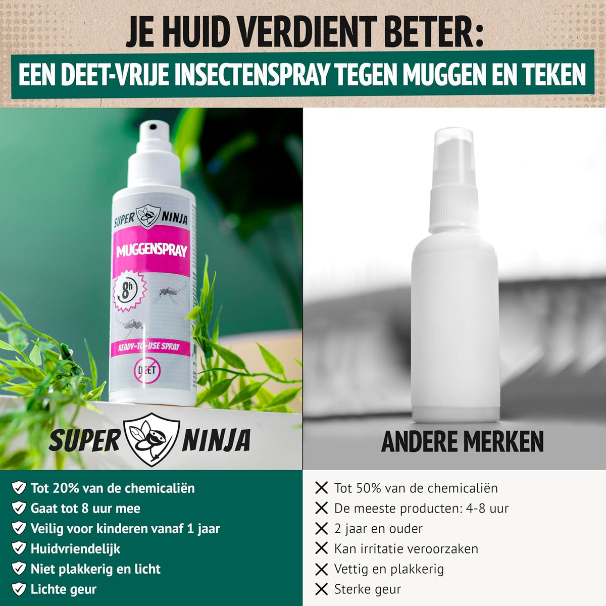 Super Ninja muggenspray vergeleken met een ander merk