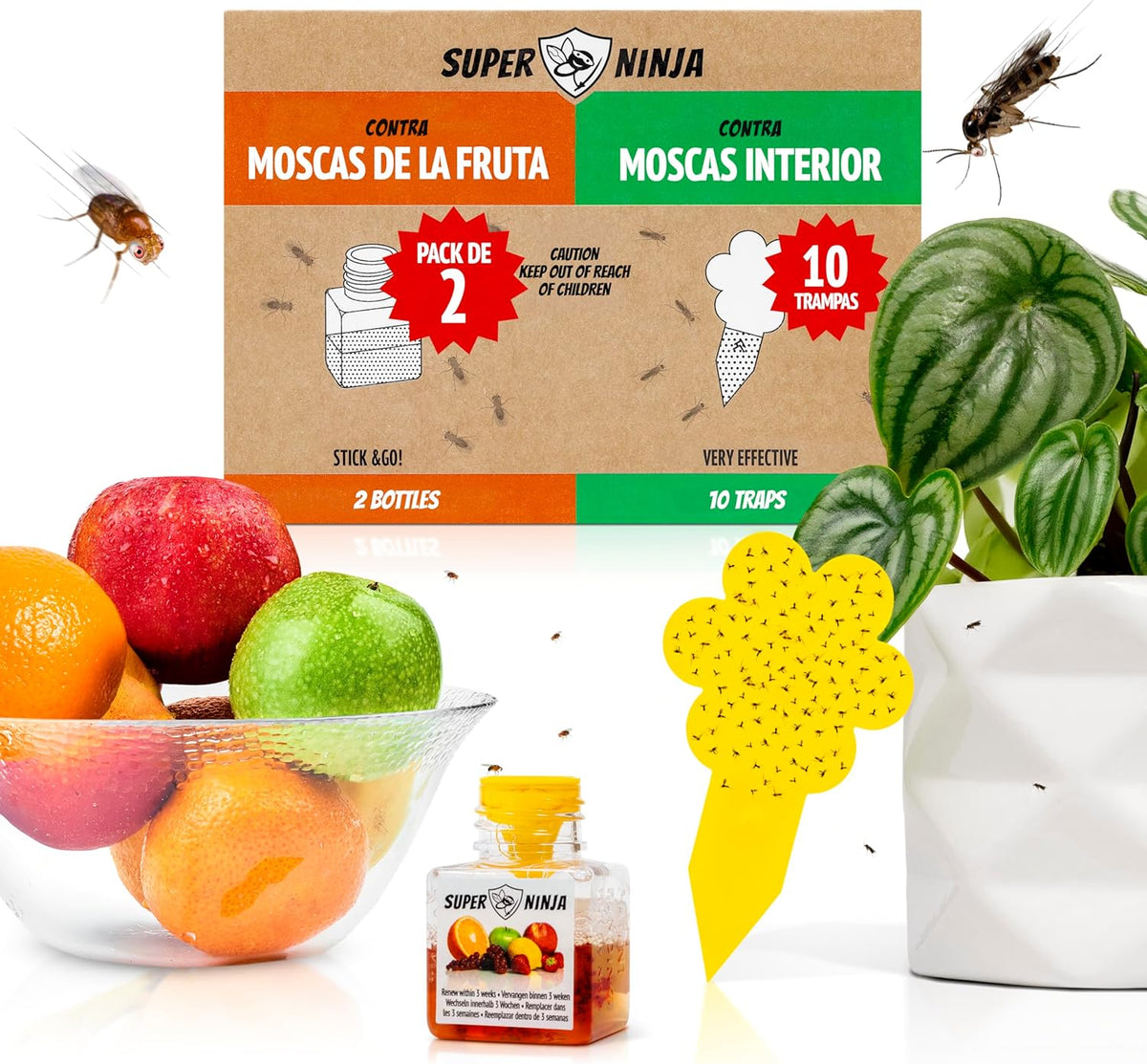 Super Ninja Pegatinas Amarillas y Trampa para Moscas de la Fruta