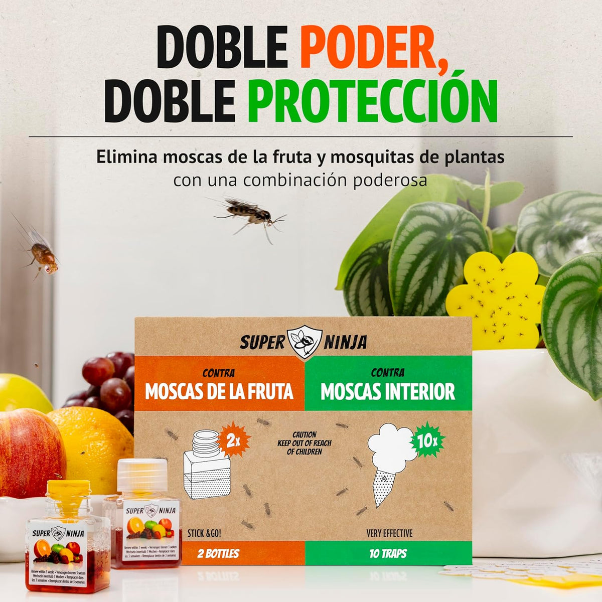 Super Ninja Pegatinas Amarillas y Trampa para Moscas de la Fruta