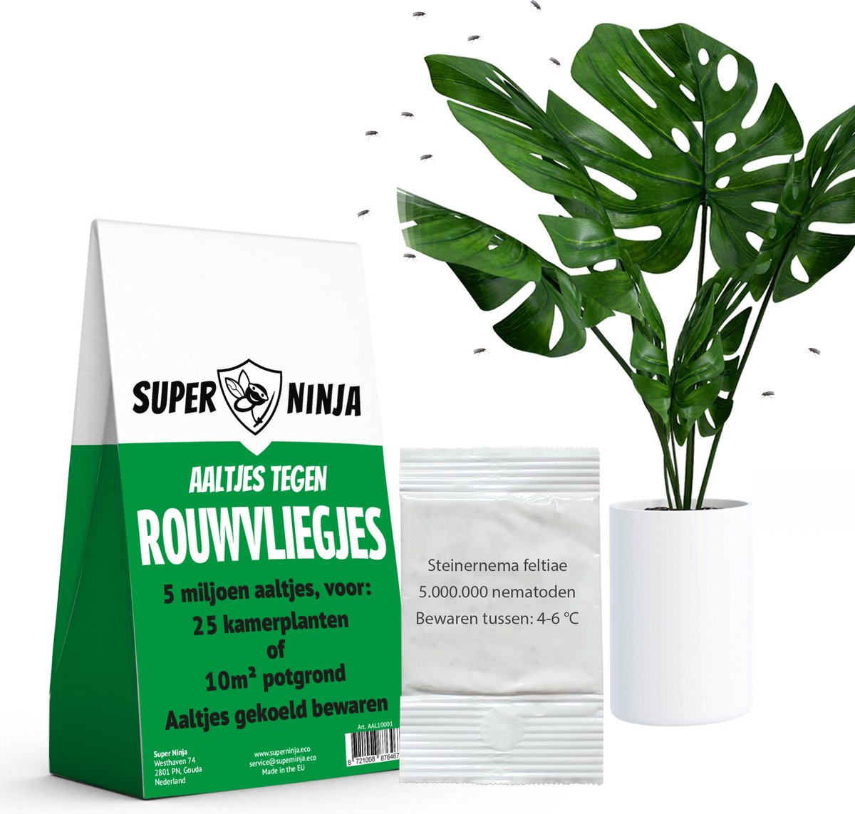 Super Ninja aaltjes tegen rouwvliegjes, verpakking bij een kamerplant