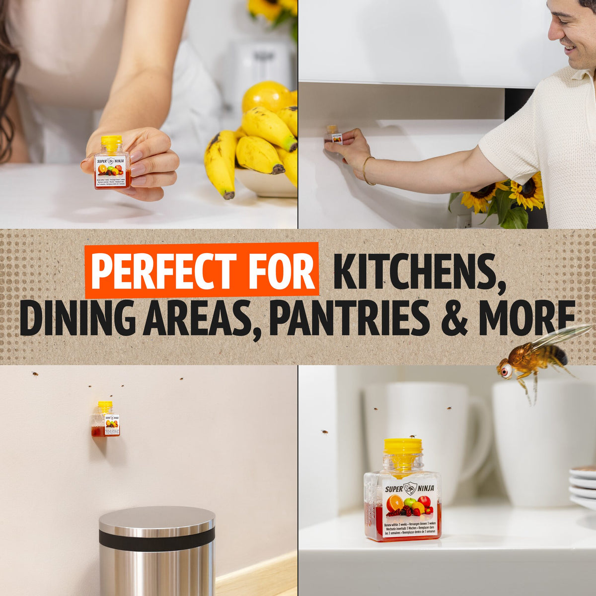 Trappola per moscerini in cucina vicino alla pattumiera e sul piano di lavoro