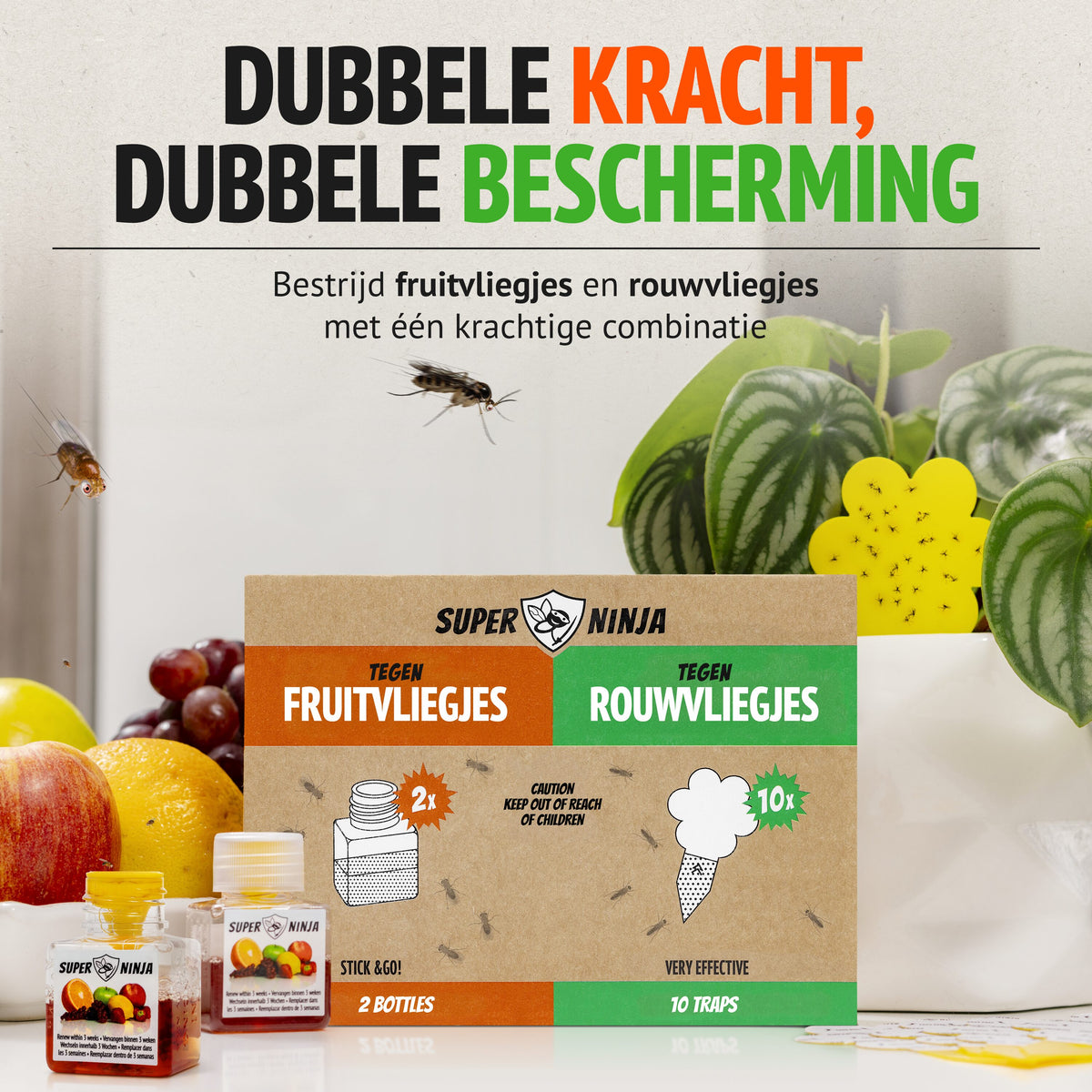 Combipakket tegen fruitvliegjes en rouwvliegjes naast fruit en een kamerplant