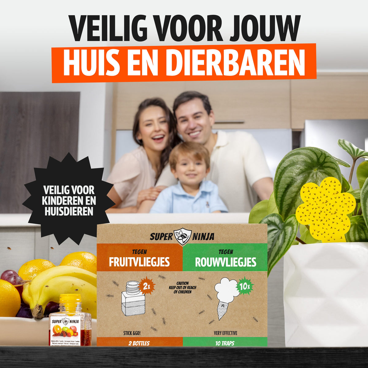 Gezin aan tafel met het combipakket tegen fruitvliegjes en rouwvliegjes