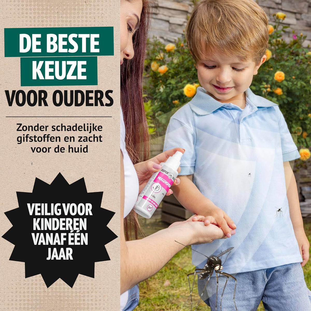 Ouder brengt muggenspray aan op de arm van een kind