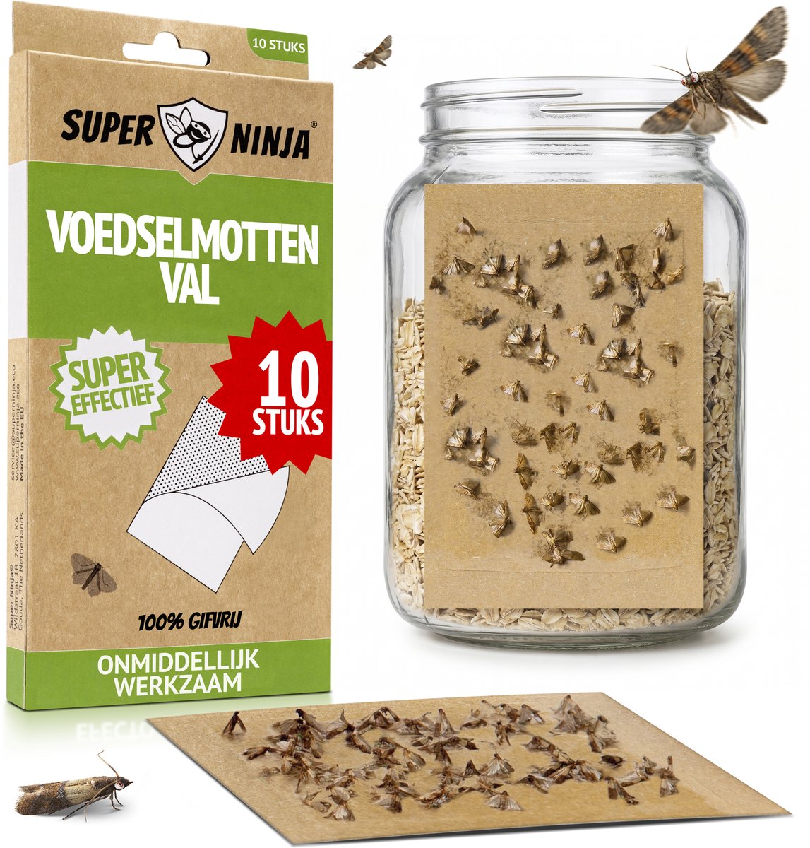 Super Ninja Lebensmittelmottenfalle, Packung mit 10 Fallen neben einem Vorratsglas